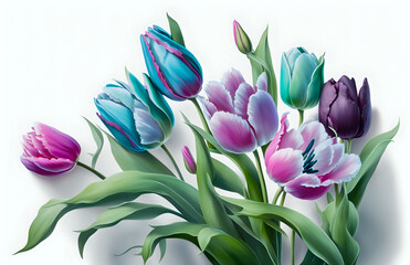 Different color tulips on white background. Generative AI