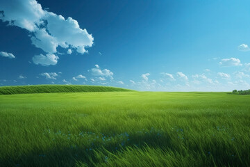 Generative AI of Grassland, Landscape of a green field with bright blue sky