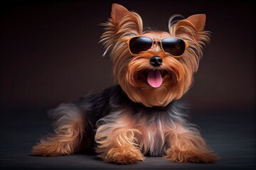 Portrait of Yorkshire Terrier wears sunglasses