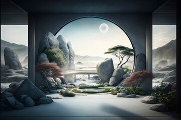 Generative AI of Interior design inspiration of zen and cool feeling of future world background