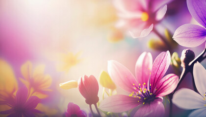 Close up of Beautiful Colorful Spring Flowers  background with pink,purple,green and chrysanthemum flowers,Generative AI, copy space, nature light flare 