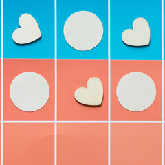 hearts and circles on blue and orange paper pad sheets with paint-chip design