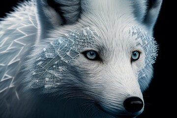 futuristic cybernetic theme illustration of arctic fox with neural link processing big data and AI. Generative AI.