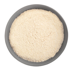 Ceramic bowl with quinoa flour on white background, top view