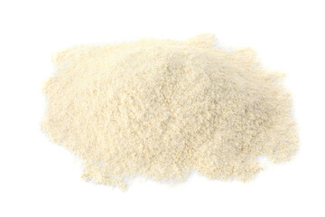 Heap of quinoa flour on white background