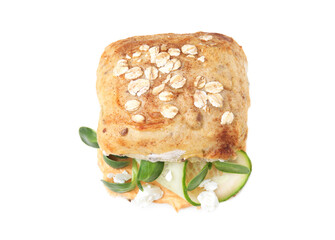 Delicious sandwich with hummus, microgreens and cucumber slices isolated on white, top view