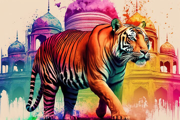 Tiger Happy Holi colorful background. Festival of colors, colorful rainbow holi paint color powder explosion isolated white and Taj Mahal wide panorama background.