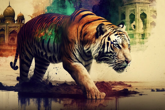 Tiger Happy Holi colorful background. Festival of colors, colorful rainbow holi paint color powder explosion isolated white and Taj Mahal wide panorama background.