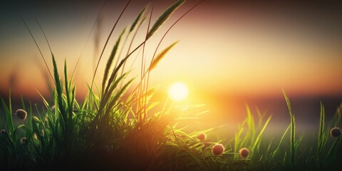 Green grass with sunset views. Blurred background - generative ai