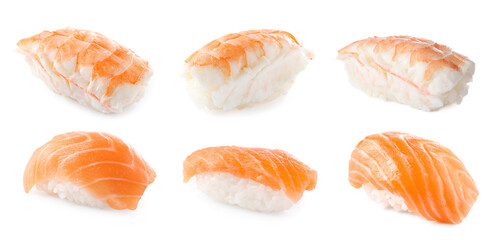 Set of nigiri sushi with shrimp and salmon on white background