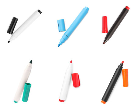 Collage of different bright colorful markers on white background