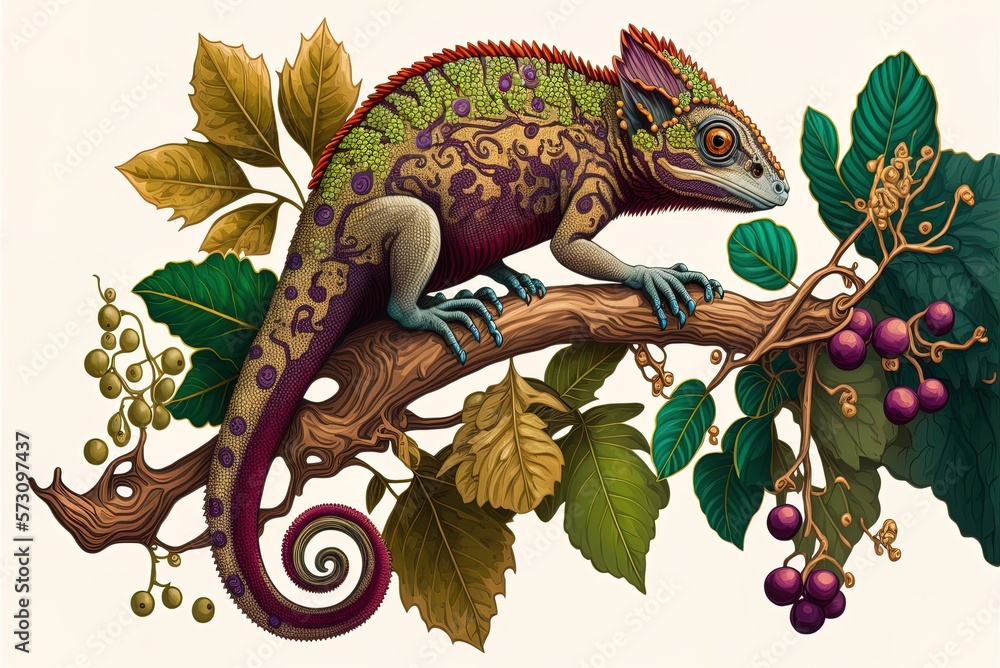 Poster carob tree branch with a mediterranean chameleon perched on it. generative ai