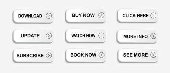 Set of vector modern trendy buttons. Read more, learn more, buy now, download, watch now, book more button set. Web design elements. Vector . White buttons in Neomorphism design style. EPS 10