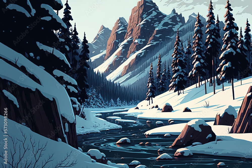 Poster image of a frozen river in the snowy highlands generative ai