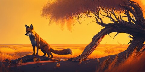 fox posing on the sunset in the desert