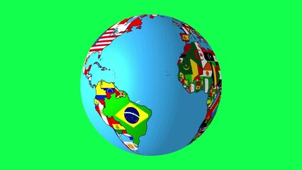 Earth Spinning Animation with Country Flags on Green Screen Background, Earth Rotation, World Map Animation, Alpha Matte, 4k Animation - Powered by Adobe
