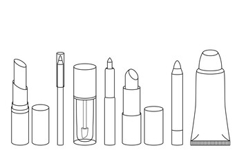 Lipstick, lip gloss, balm, lip pensil image isolated on white background. Thin line icons for packaging design, make up industry, beauty salon, cosmetics store or other using. Vector illustration. Set