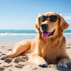 Golden Retriever in sunglasses on the beach