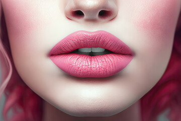 A close up portrait of woman's lips, pink rouge, white face, generative AI
