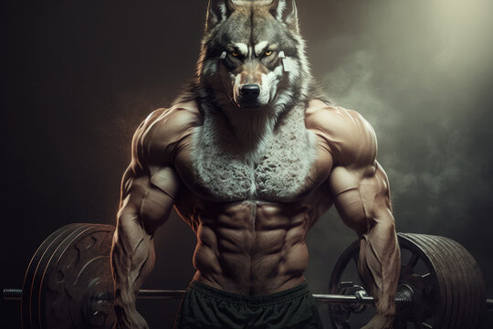 A  dramatic image of a wolf in the gym, with muscular body, barbell in the back. Generative AI, ai