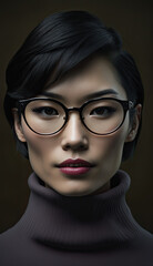 Fototapeta na wymiar A portrait of an asian woman wearing glasses, strong jawline, intelligent, short hair, generative AI