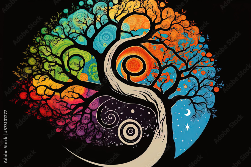 Poster colorful yin yang tree with a twisting ornamental design. generative ai