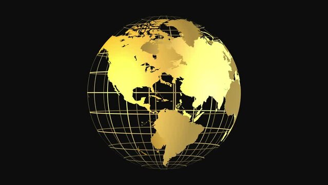 Golden Globe Animation with Grid Lines on Black Screen Background, Golden Earth Spinning, Earth Rotation, World Map, Alpha Matte, 4k Animation