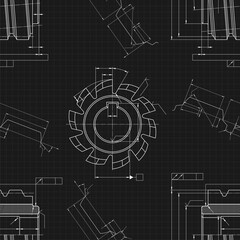 Mechanical engineering drawings on black background. Cutting tools, milling cutter. Technical Design. Cover. Blueprint. Seamless pattern. Vector illustration.