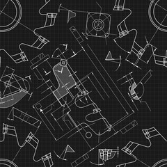 Mechanical engineering drawings on black background. Cutting tools, milling cutter. Technical Design. Cover. Blueprint. Seamless pattern. Vector illustration.