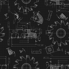 Mechanical engineering drawings on black background. Cutting tools, milling cutter. Technical Design. Cover. Blueprint. Seamless pattern. Vector illustration.