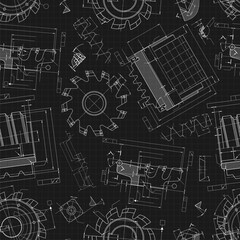 Mechanical engineering drawings on black background. Cutting tools, milling cutter. Technical Design. Cover. Blueprint. Seamless pattern. Vector illustration.