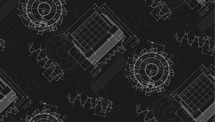 Mechanical engineering drawings on black background. Cutting tools, milling cutter. Technical Design. Cover. Blueprint. Seamless pattern. Vector illustration.