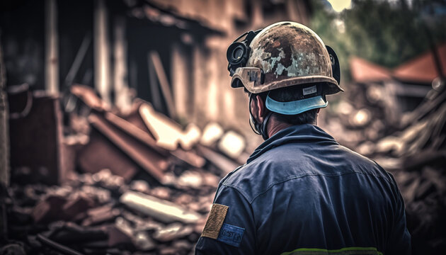 Terrifier Earthquake natural disaster. Rescue service man in helmet clears rubble of house after. Generative AI
