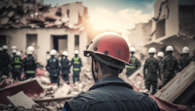 Terrifier Earthquake natural disaster. Rescue service man in helmet clears rubble of house after. Generative AI