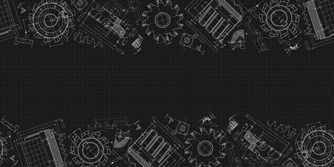 Mechanical engineering drawings on black background. Cutting tools, milling cutter. Technical Design. Cover. Blueprint. Seamless pattern. Vector illustration.