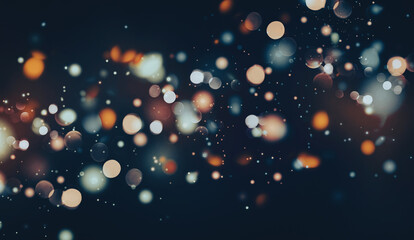 Glittering particles flying background, bokeh lights at night, blurry shiny speckles, orange blue white on black, wide banner size