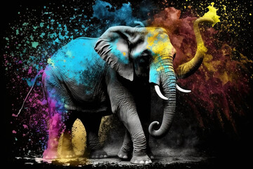 Elephant Happy Holi colorful background. Festival of colors, colorful rainbow holi paint color powder explosion isolated black, white orTaj Mahal wide panorama background.