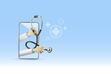 Online doctor, telehealth. Doctor hands holding stethoscope from smartphone. Medical innovation technology service to diagnosis patient, digital healthcare and hospital concept. 3D rendering.