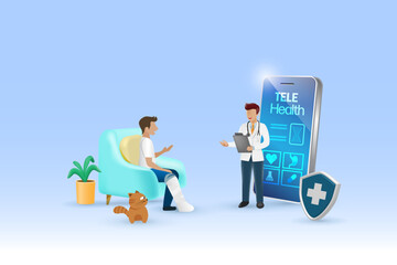 Tele health, online doctor consultation technology. Virtual doctor in medical mobile app give broken leg patient advise in health problem. Medical and health care service innovation technology.