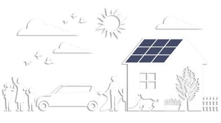 ソーラー発電の住まいと電気自動車で叶える、エコな暮らしのイメージ