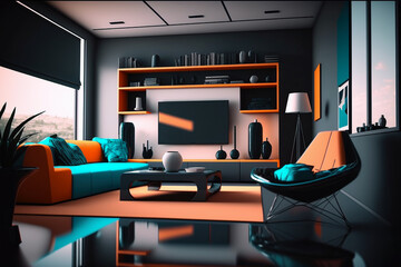 Stylish, futuristic living room in black, orange and blue.  Generative AI.