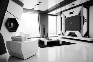 Stylish, futuristic living room in white and black.  Generative AI.