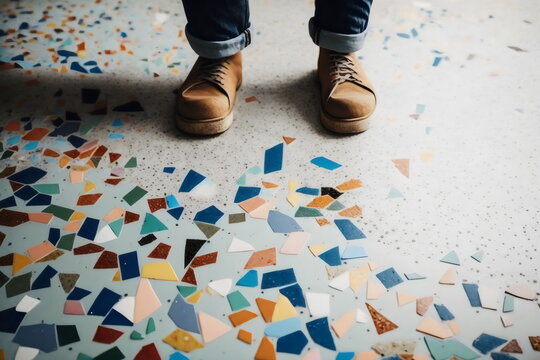 feet standing on colorful mosaic terrazzo floor created with generative ai