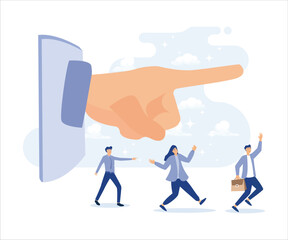 social marketing for advertising campaign lead or influence by expert person concept, hand pointing from mobile with people follow the way. Flat vector modern illustration. 