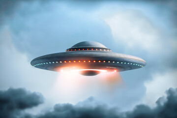 Fototapeta na wymiar 3d flying saucer with lights flying in the sky