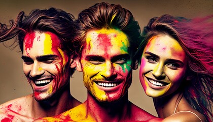 Generative AI shows a guy and some ladies laughing and having fun with their faces and hair covered in paint and colorful powders in the style of the Holi festival.