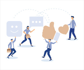 Social media team, business people social media team holding thumb up, love, speech bubble and smile sign. Flat vector modern illustration 