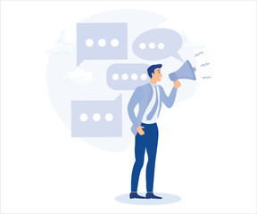 Communication or PR, announce sales or promotion concept, businessman holding speech bubble while talking on megaphone. Flat vector modern illustration 