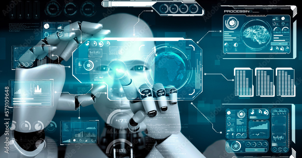 Aufkleber robot hominoid hold hud hologram screen in concept of ai thinking brain, artificial intelligence and