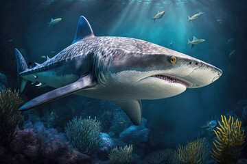 Naklejka premium Illustration of big shark, the king of the sea, surrounded by other fishes, for theme, background, backdrop, desktop, wallpaper, education